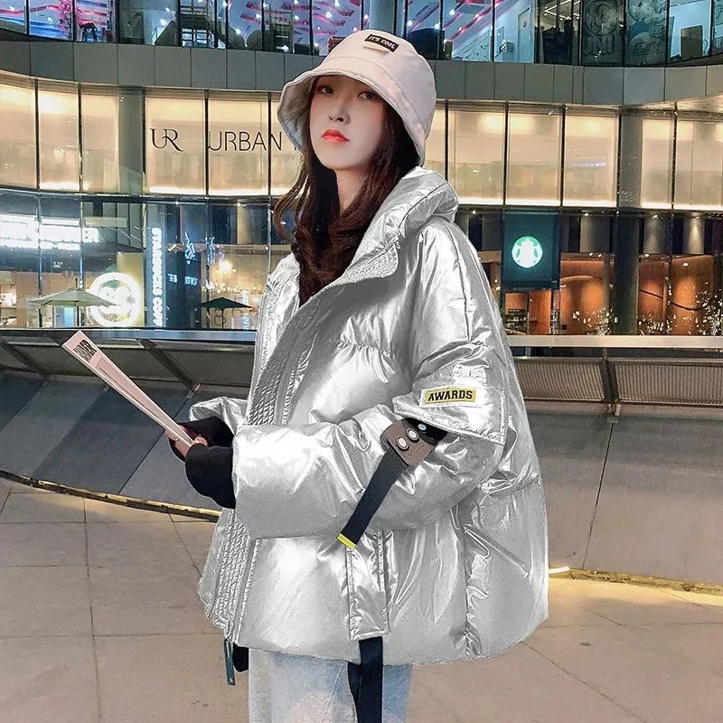 

Womens Bread Short Glossy Coat 2023 New Winter Warm Parka Jacket Female Casual Loose Down Cotton Coat Woman Stand-up Collar Coat