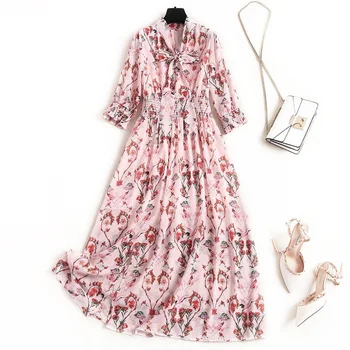 

Women summer dress new 2020 bow collar elastic waist a-line lantern sleeve floral print pink elegant long dresses