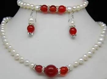 

8-9MM White Pearl Red stone Necklace bracelet earringst Jewelry Set