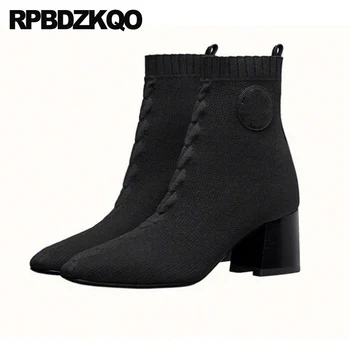

fall slip on block wine red square toe black boots short chunky autumn 2019 luxury brand shoes women thick fashion knit ankle