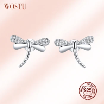 

WOSTU Original 925 Sterling Silver Little Dragonfly Stud Earrings Shiny Zircon Small Earrings For Women Luxury Jewelry CTE439