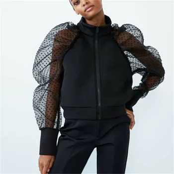 

Women's Zipper Jacket Polka Dot Sheer Mesh Long Puff Sleeve Coat Tops Fashion Autumn Jumper Pullover Tops Ladies Casual Clothes