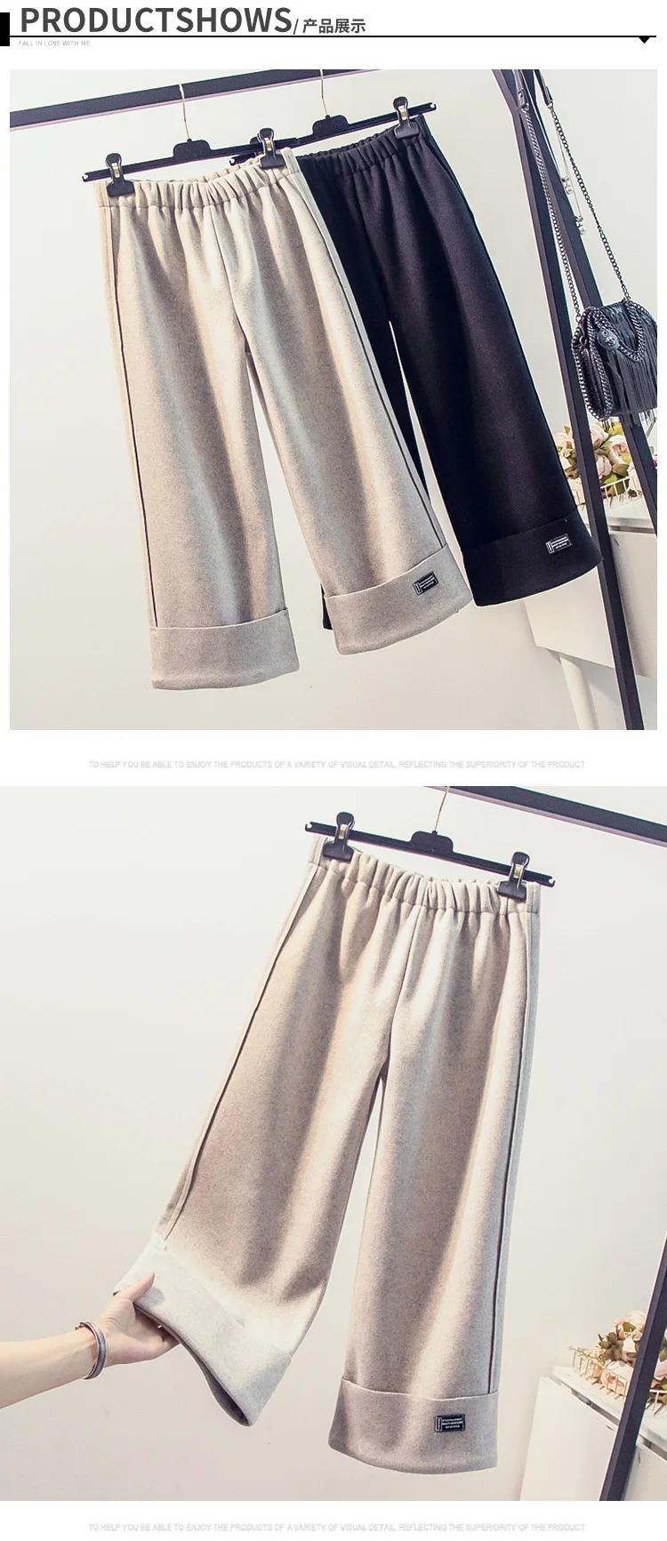 Autumn Winter Women Thicken Warm Woolen Wide Leg Pants Female Casual Sloid Color Plus Size Elastic Waist Trousers Streetwear