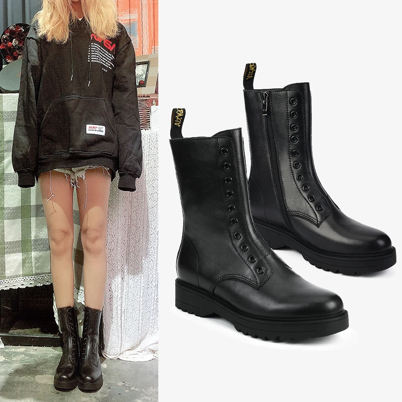 

BELLECOMKnight Girls Canister England Wind Flat Bottom Genuine Leather No Overknee 2019 Black Handsome Martin Boots Woman