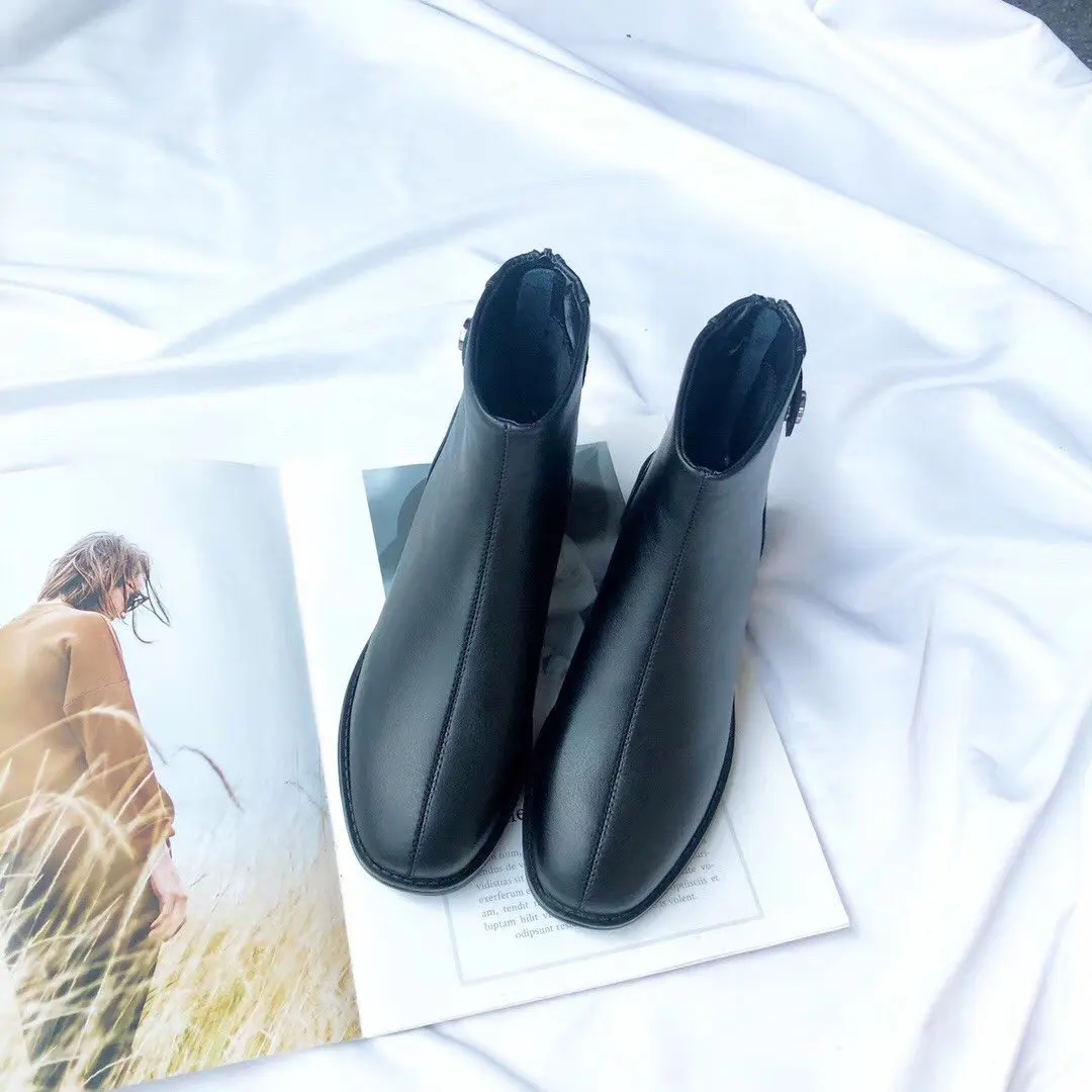 

2019 Autumn And Winter New Style Retro Versatile England Full-grain Leather Short Boots round-Toe Leather Women's Boots 098114