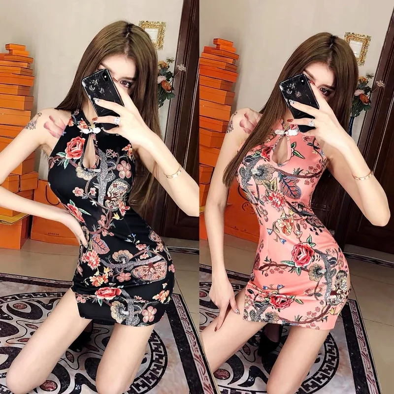 

Women Retro Floral Printed Cheongsam Traditional Chinese Hanfu Qipao Sexy Bodycon Short Dress Nightclub Party Cosplay Costumes