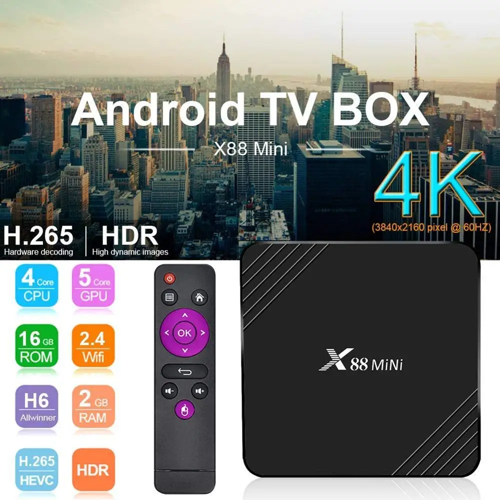 X88 Мини Android 9,0 Smart tv Box 2 Гб ОЗУ 16 Гб ПЗУ домашний медиа плеер 4K HDR телеприставка поддержка H.265 UHD 2,4 ГГц Wifi Интернет ТВ