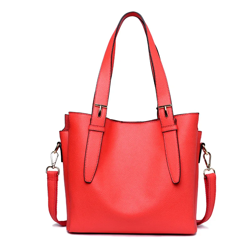 new leather women's bag simple leather shoulder slung portable bucket tote bag - Цвет: Красный