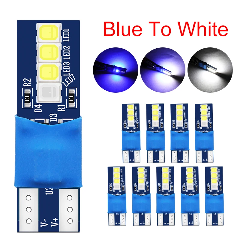 

10pcs T10 LED Car Bulb Change Color Blue To White W5W 194 168 Interior Dome Map Reading Light 3030 8SMD Auto Styling 12V Lamp