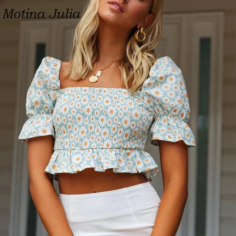 Бежевый Motina Julia, весна-лето, цветочный принт, блузки, рубашка для женщин, квадратный вырез, короткий рукав, принт, обрезанная рубашка, топы, boho рубашка - Цвет: Бежевый