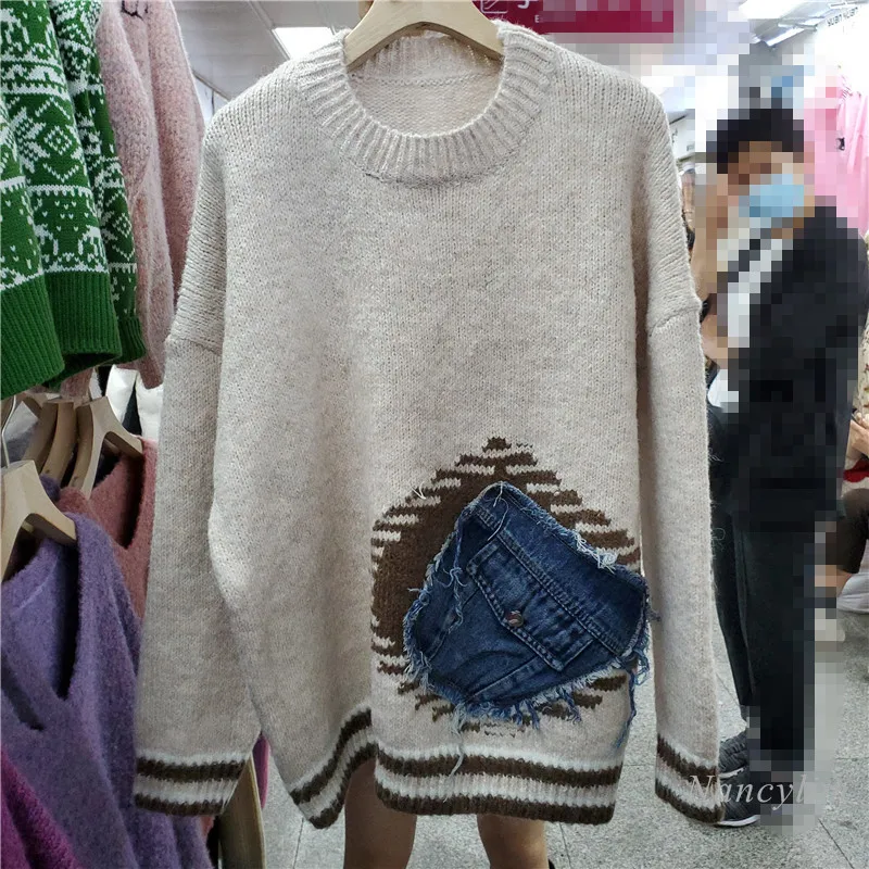 

Harajuku Sweater Woman 2020 Autumn and Winter New Denim Patch Pullover Knitted Sweaters Female Loose Round Neck Jumper Pull