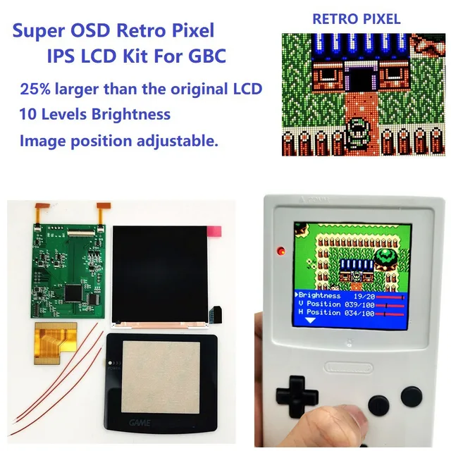Super OSD  RETRO PIXEL IPS Larger  LCD SCREEN KIT Backlight Brightness Touch sensor For GameBoy Color For GBC Q5 IPS LCD Kit 1