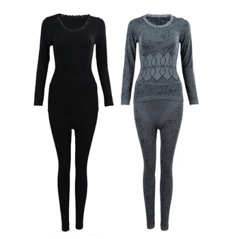 

2x Women Round Neck Thermal Set Winter Tops&Pants Long Johns Pajama Sets Black & Gray