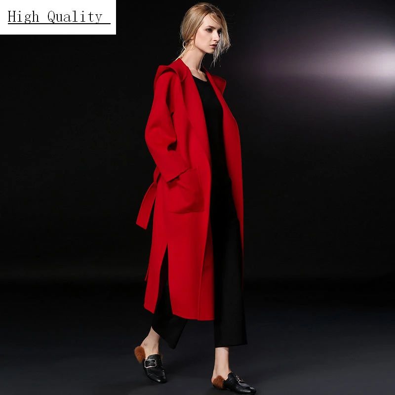 

Winter Wool Coat Female 100% Wool Jacket Hooded Women Clothes 2020 Korean Elegant Long Woolen Coats Belt Casaco PIN17209