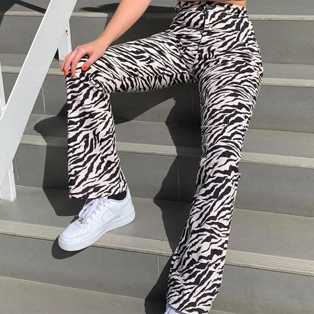 Ladies Fashion Zebra Pattern High Waist Slim Casual Pants Button Long Straight Pants Loose Skin-friendly Pants Daily Sports Pant