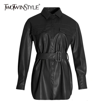 

TWOTWINSTYLE PU Leather Women's Jacket Lapel Collar Long Sleeve Pocket Sashes Female 2020 Autumn Large Size Fashion New Tide