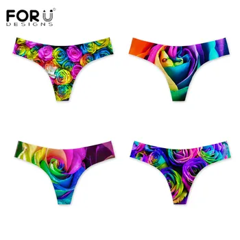 

FORUDESIGNS 4pcs Women Sexy Briefs 3d Colorful Rose Printed Ladies Seamless Panties Thongs G-string Lingerie Female Underwear