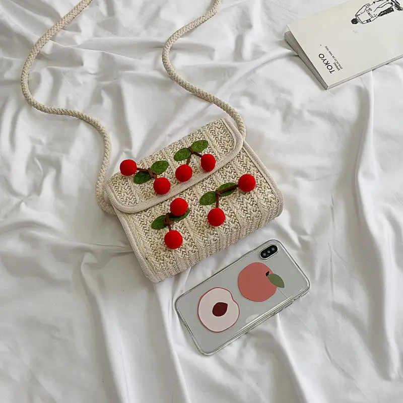 Mini Woven Crossbody Bags Cherry Design Fashion Sweet Cute Girls All-match Casual Daily Beach Holiday Korean Style Handbags New