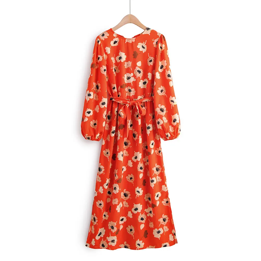 

Retro Flower Printing Women Side Slit Midi Dress 2019 Autumn Leisure Lady O Neck Lantern Sleeve Loose Dresses D3525