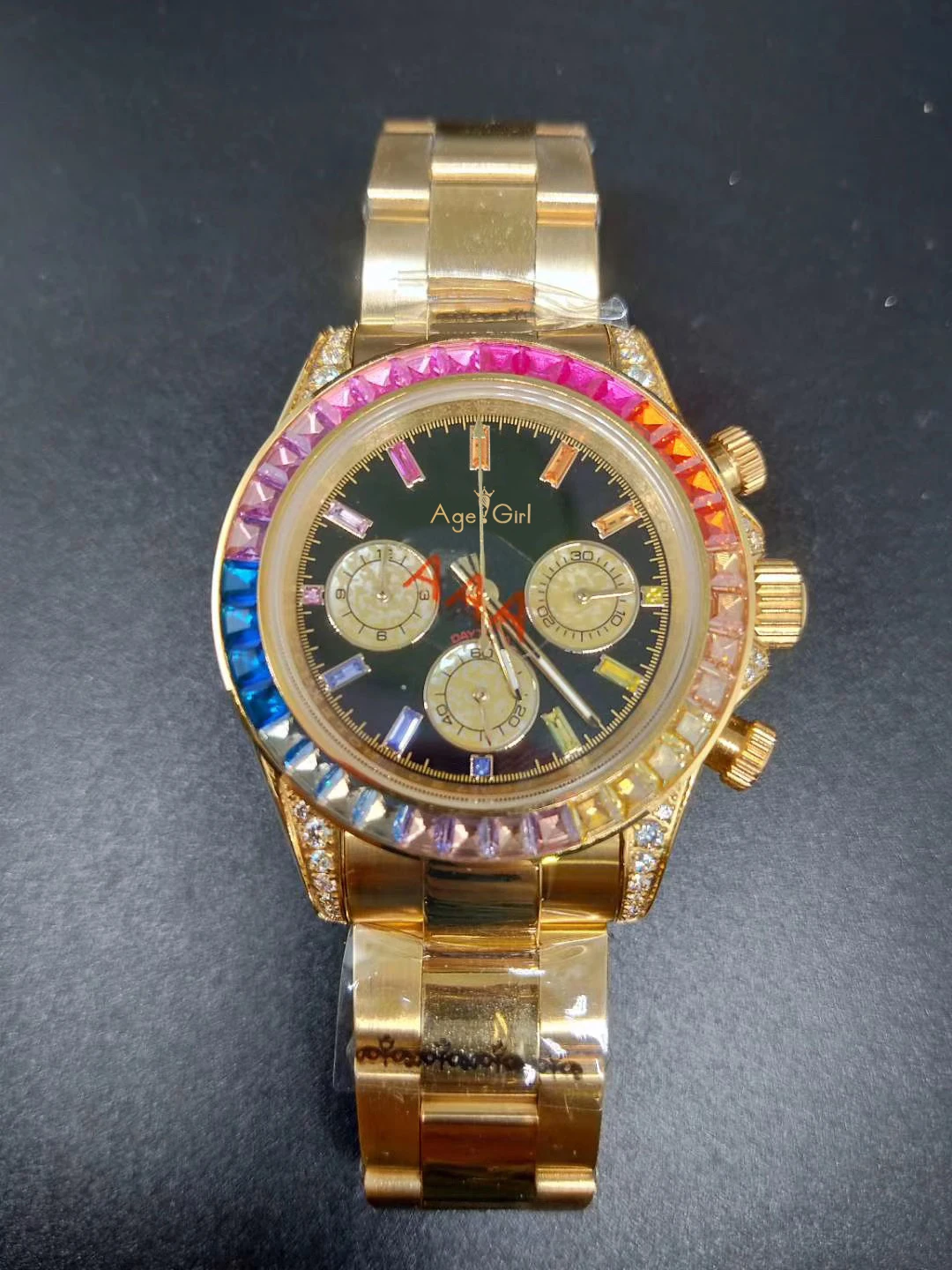 

LuxuryNew Brand Men Rainbow Diamonds Stainless Steel Silver Rose Gold Red Blue Bezel Japanese Quartz Chronograph Watches AAA+