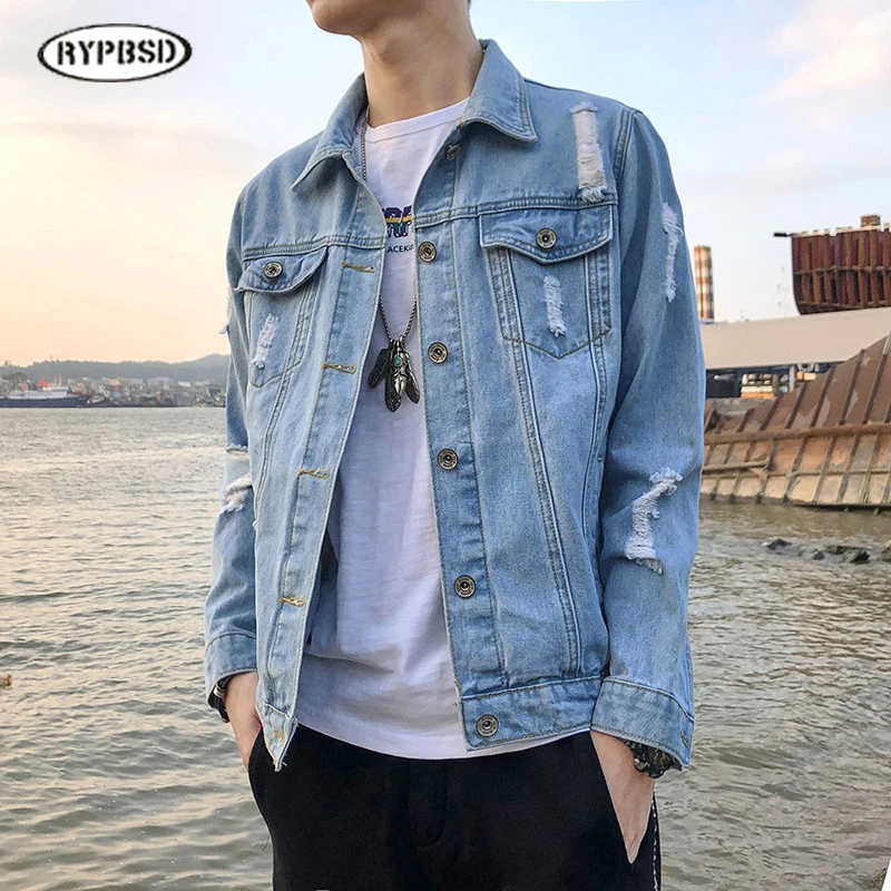 

Denim Jacket for Men Outfit Autumn Classic Fashion Streetwear Hip Hop Ripped Distressed Slim Fit Punk Blue Jeans Men Bomber Coat