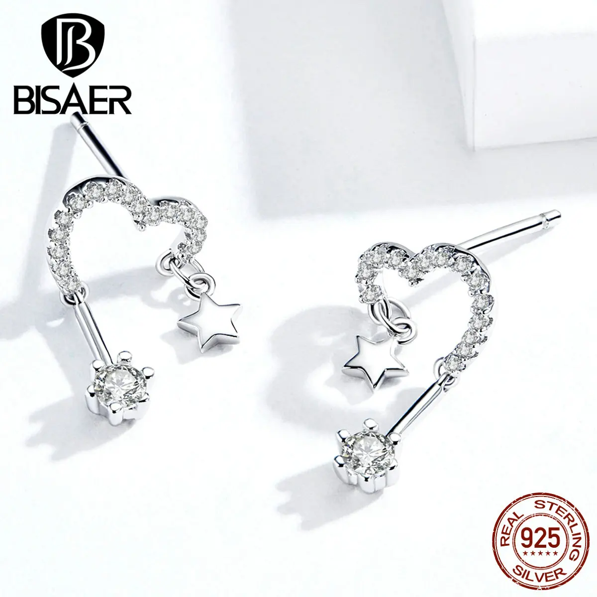 Звезда Сердце BISAER Горячая 925 пробы серебро сердце любовь звезда форма циркония серьги гвоздики для женщин серебряные ювелирные изделия EFE277