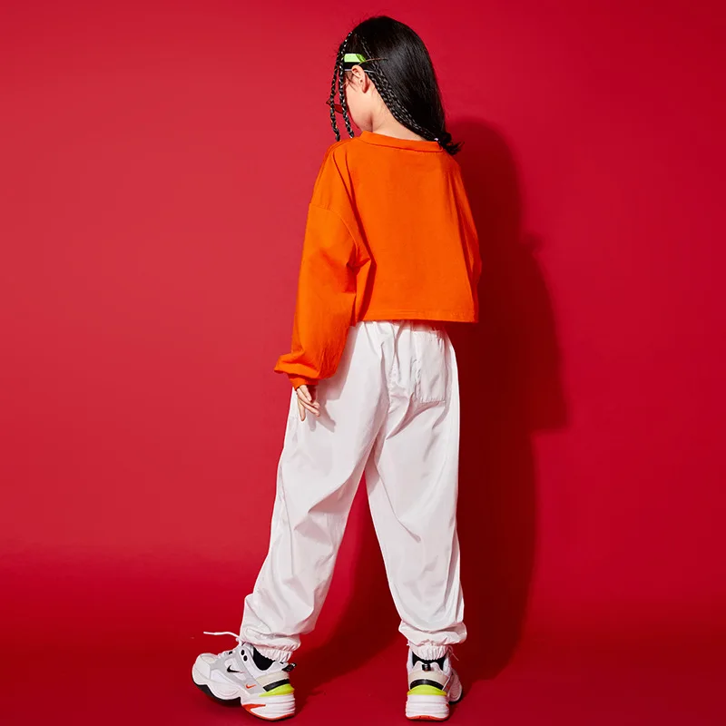 Kid Kpop Hip Hop Clothing Crop Top Long Sleeve T Shirt White Streetwear Jogger Pants for Girl Jazz Dance Costume Clothes