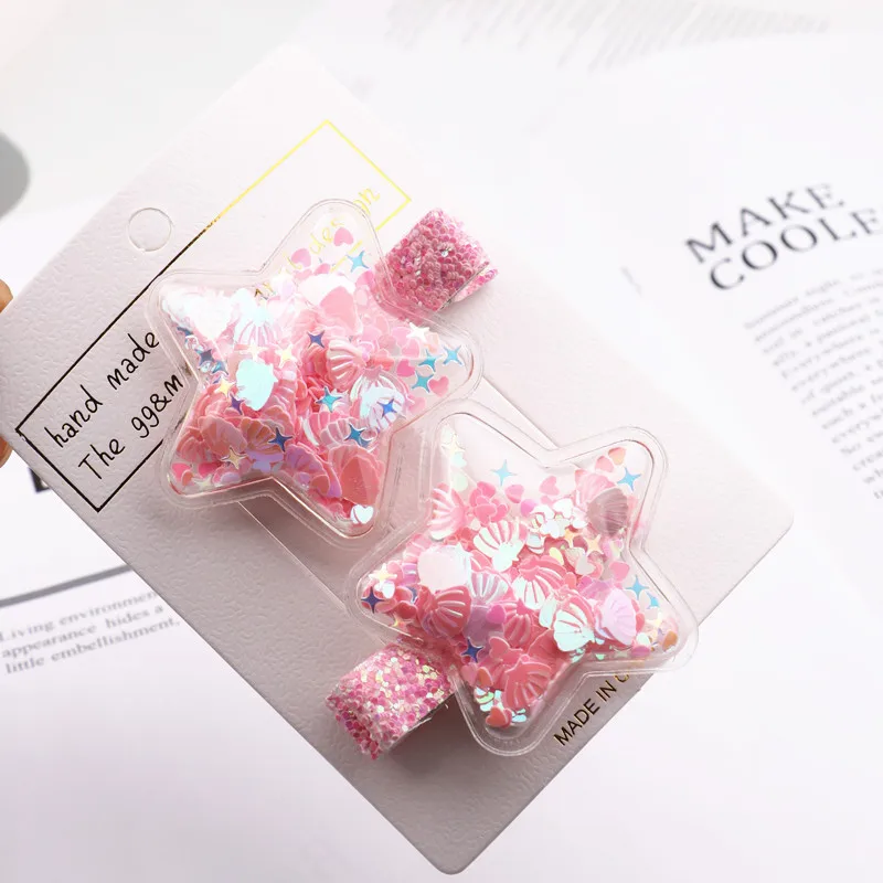 star pink shell Блестящие радужные зыбучие пески для маленьких девочек, заколки для волос, блестки для волос, заколки в виде сердца и звезды, модные аксессуары для волос, подарок - Цвет: star pink shell