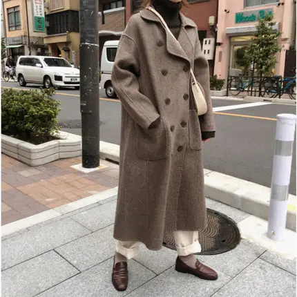 

Autumn And Winter New Style Korean-style Mid-length Loose-Fit Slimming Herringbone Woolen Jacket Women's over-the-Knee Double Br