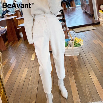 

BeAvant Fashion cream white women's pants High waist pure cotton button straight tube pants Casual elegant pants autumn 2020