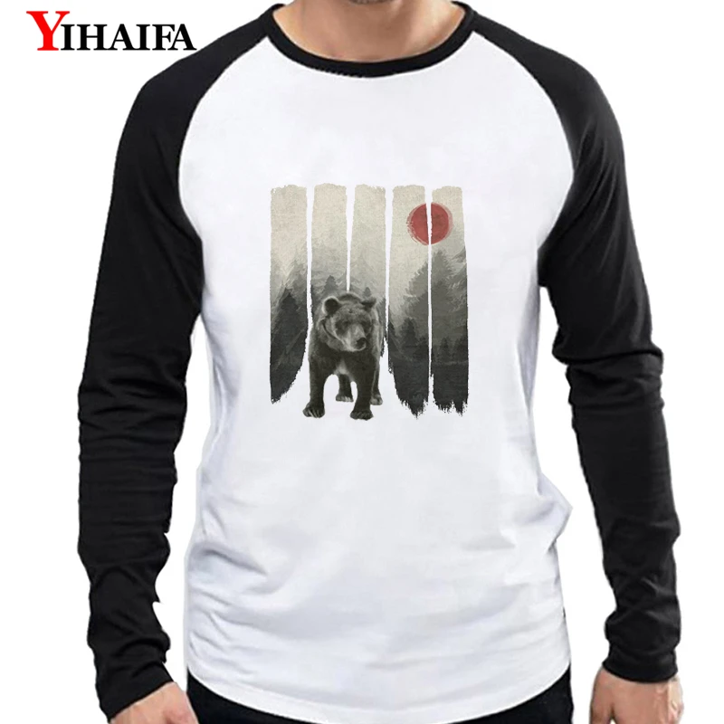 

YIHAIFA Brand Autumn Winter Thin T Shirts Long Sleeve Men Graphics Tees Forest Bear Print Pullover Streetwear T-shirt Tops