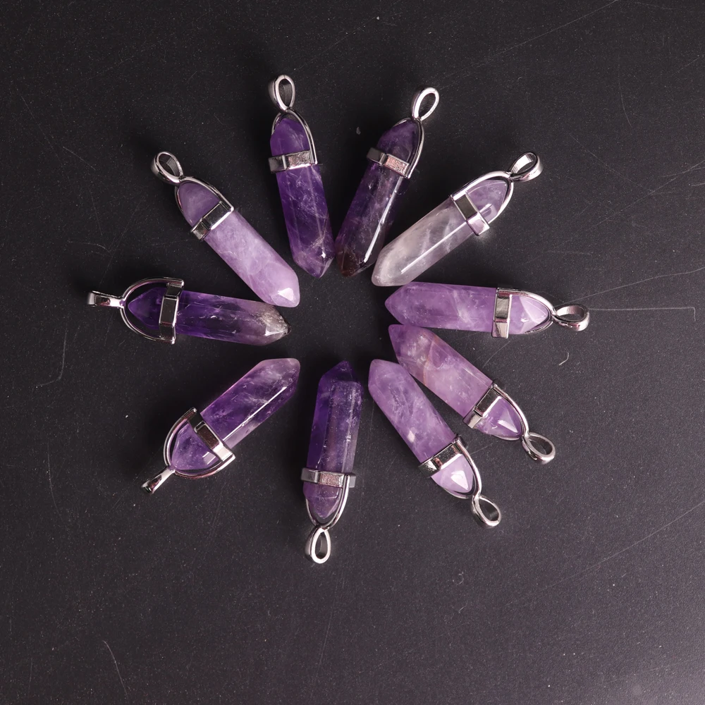 

36pcs purple crystal natural gem stone quartz amethysts bullet hexagonal Prism point pendants necklace charm Jewelry making Free