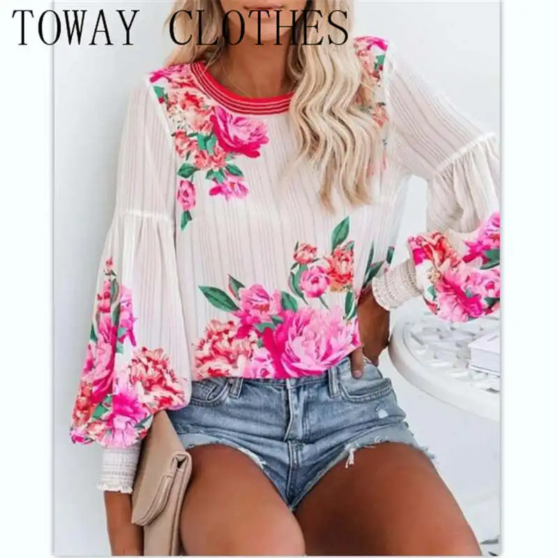 

Женский топ с цветочным принтом, круглым вырезом и длинным рукавом-фонариком