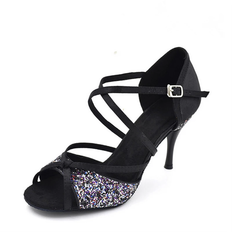 Женская обувь для латинских танцев; мягкая подошва; цвет черный, серебристый; Танцевальная обувь для танго, сальсы; женская обувь на каблуках; Удобная Обувь для бальных танцев