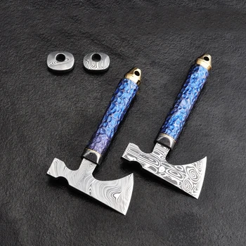 

Ruifu Axe Outdoor EDC Tool Rui powder Damascus Steel Mini Axe Knife Titanium Burning Blue Toy Damascus Pendant Necklace