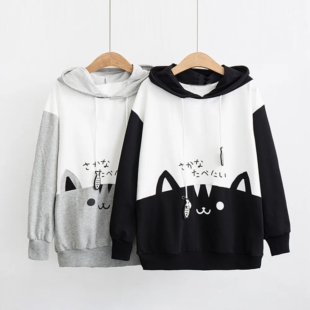 

Long Sleeve Women Hoodie Casual Kitty Cat Print Pocket Thin Hoodie Korean Streetwear Sweatshirt Japanese Kawaii harajuku Hoodies