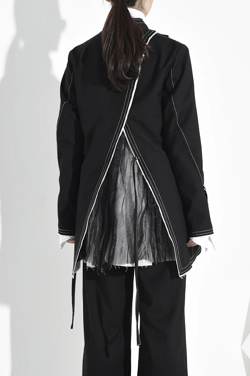 [EAM] Свободная черная сетчатая Асимметричная куртка с разрезом, новинка, стоячий воротник, длинный рукав, Женское пальто, модное, Осень-зима, 1H06101