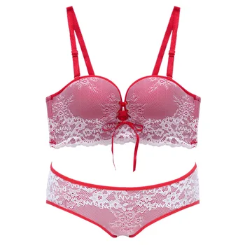 

E lovegirl Underwear Red Set Women's Underwear Sexy Bra No Steel Ring Bra Set Adjustable Bra Low Waist Lace Trim Panties