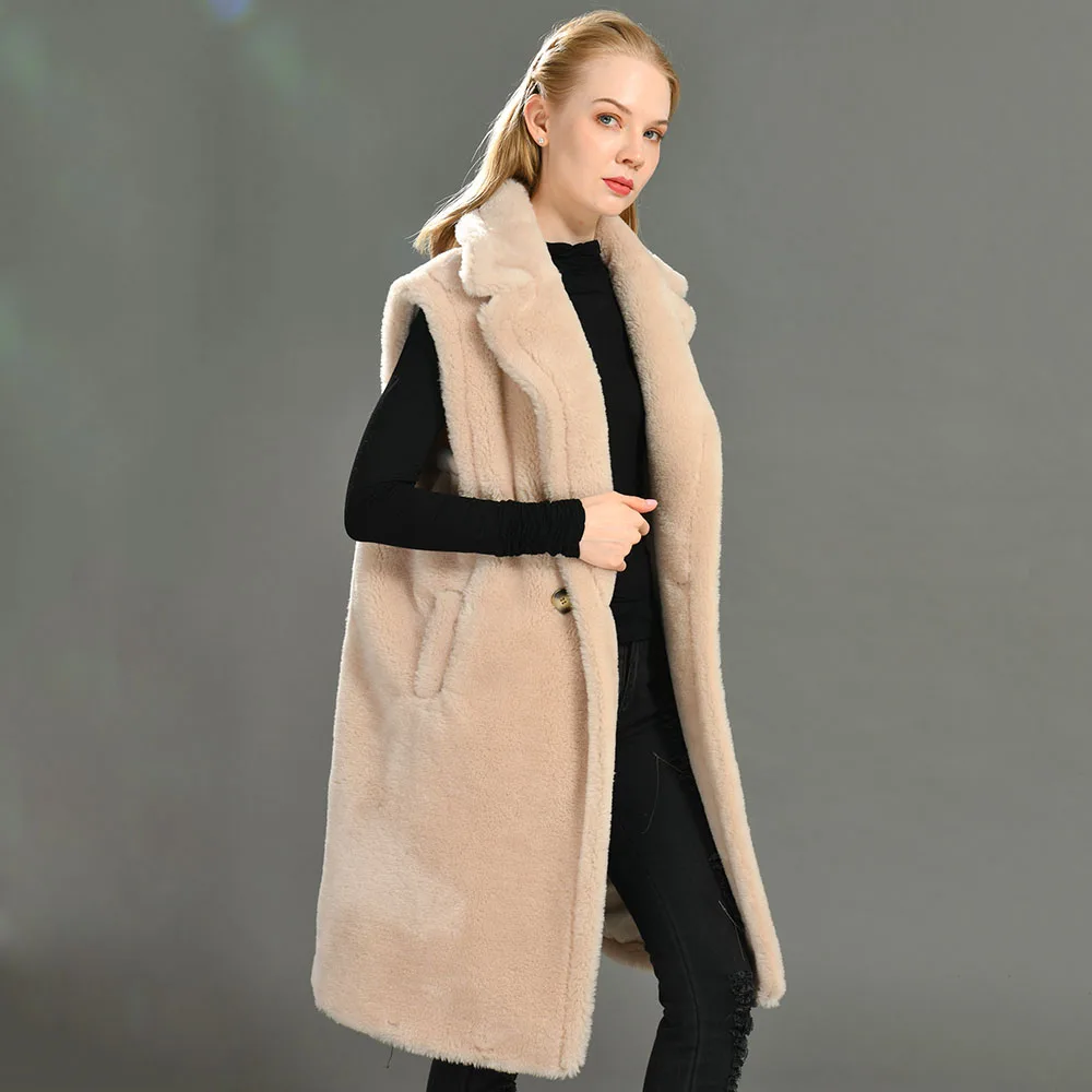 bae  teddy gilet long coat♡ Teddy Gilet Long Women's Teddy Bear Jacket Lapel Real Wool