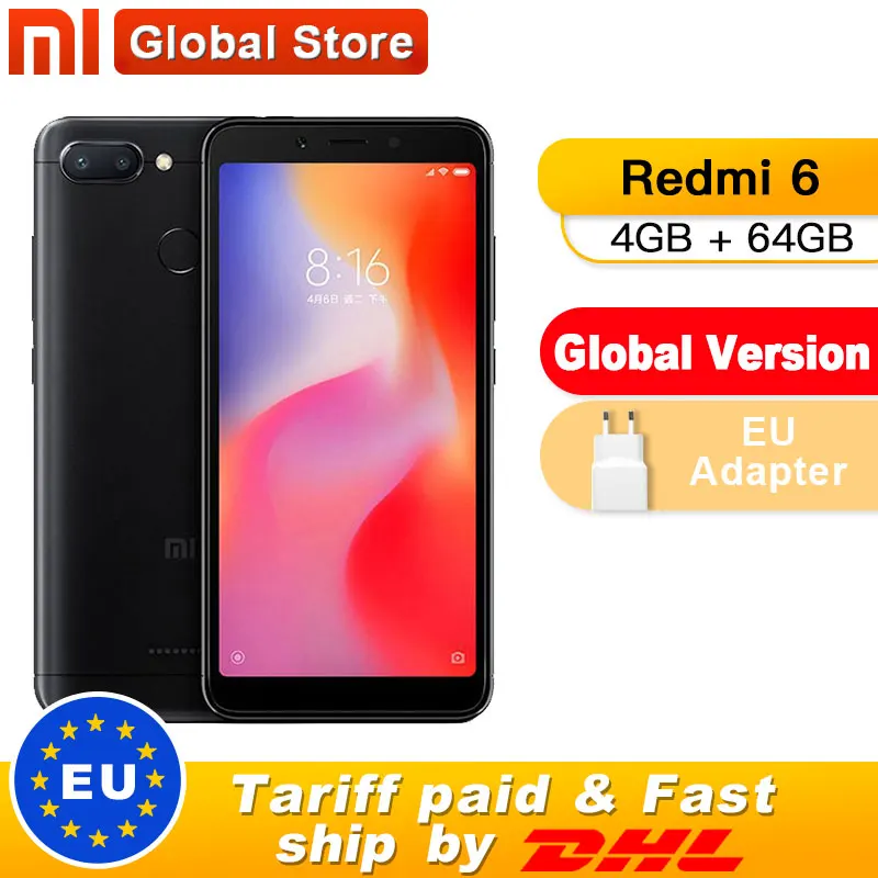 Мобильный телефон Xiaomi Redmi 6 с глобальной версией, 4 ГБ, 64 ГБ, Helio P22, четыре ядра, 5,45 дюймов, 18:9, полный экран, 3000 Мп+ Мп, мА/ч