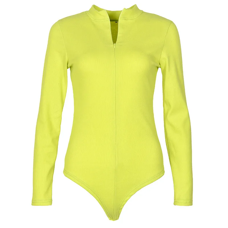 Neon Green Хлопковый боди на молнии с длинным рукавом для фитнеса, на молнии, с высоким горлом, базовое обтягивающее боди для женщин, сексуальное облегающее боди, вечерние комбинезоны для клуба, комбинезон M0267 - Цвет: Neon Green