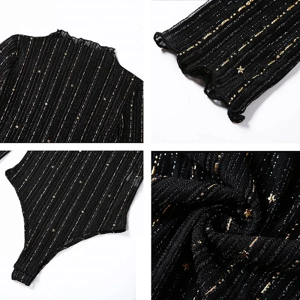 Brand New Women Sexy Perspective Bodysuits Long Sleeve High Ruched Neck Zebra Striped See-through Bodysuit Tops Jumpsuits