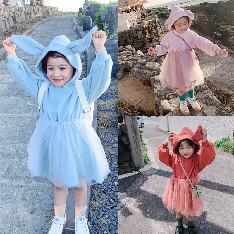 

Girl Cartoon Rabbit Mesh Dress Infant Baby A Line Princess Dress 3-8 Years Old Children's Dress with Tutu Kids Patchwork Clothes