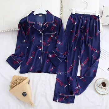 

2020 New Couple's Clothing Spring Autumn Full Sleeve Pajamas Sets Japanese Style 2PCs Tops Trousers Smooth Silk Home Wear Lounge
