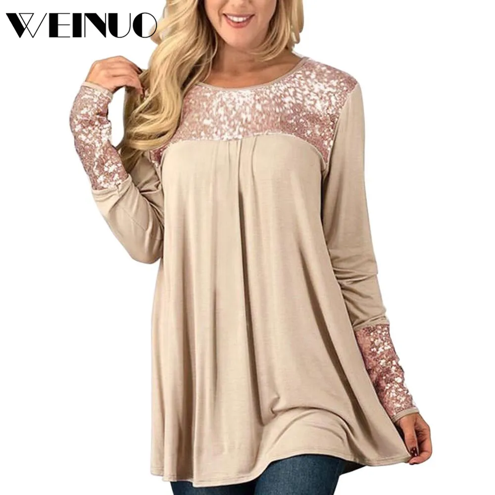 Women Blouse Blouse Top 2019Top Hot Fashion Sequins Womens Tops Long Sleeve O-Neck Casual Pullover Shirt Blouse Chemisier Femme