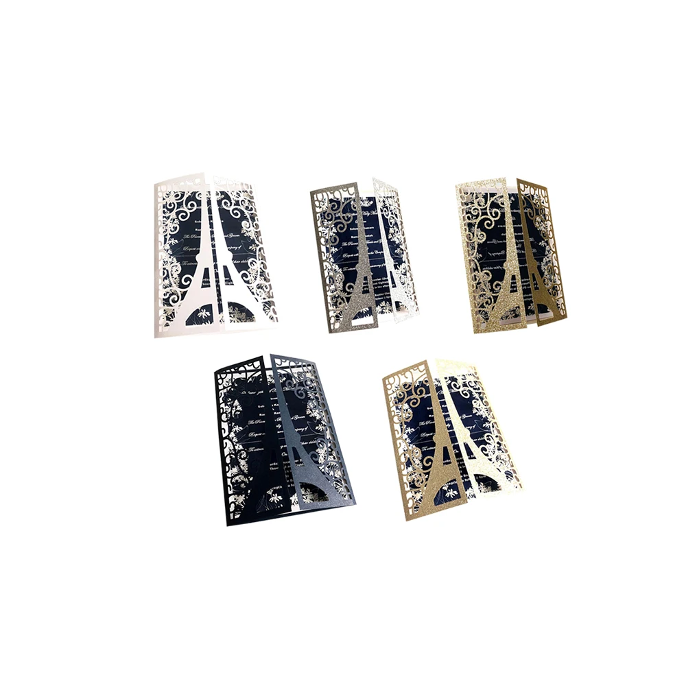  10pcs/set Glitter Embossing Invitation Cards 15*15CM For Wedding Business Party Paris Tower Greetin - 4000302444830