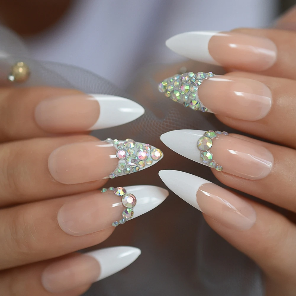 Ongle En Gel French Blanche Et Strass Faux ongles avec strass 3D AB, 24 pièces, couleur chair, blanc, Stiletto  français, Extra Long, à pression, pour fête, UV | AliExpress