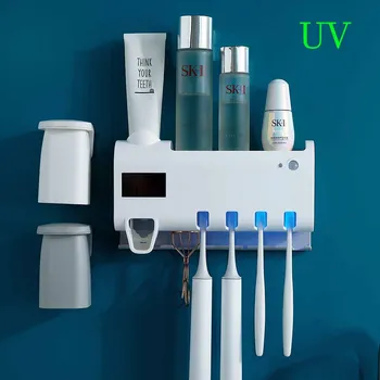 

USB charging 3pcs /Set UV Toothbrush Sterilizer Toothbrush Holder Automatic Toothpaste Squeezers Dispenser Home Bathroom Set