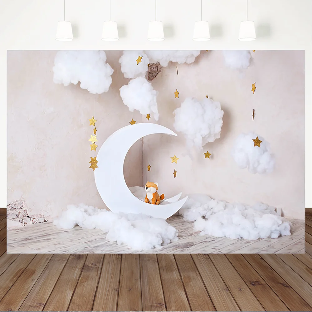 Fondo de fotografía de nubes de algodón blancas y estrellas doradas para  bebés y niños recién nacidos, pared de ladrillo blanco, suelo de madera| Fondo| - AliExpress