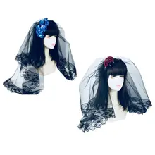 Двухслойная свадебная вуаль с цветочным декором, черный кружевной ободок из тюля и сетки, украшение на голову